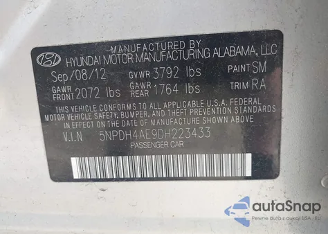 2013 Hyundai Elantra Gls z USA, uszkodzony, nr VIN 5NPDH4AE9DH223433